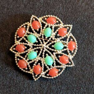 Vintage Sarah Coventry Acapulco Brooch Red Green Faux Coral Jade